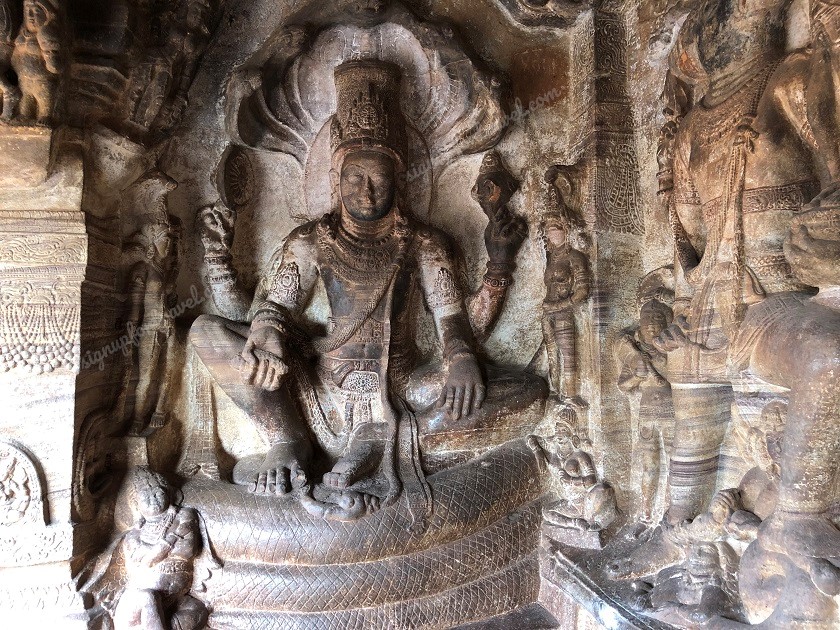 Vishnu seated on the serpent inside Cave 3