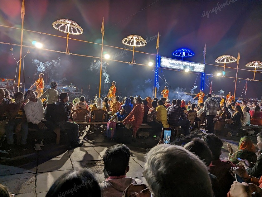 Offerings to holy River Ganga. Incense Ganga Aarti - Varanasi