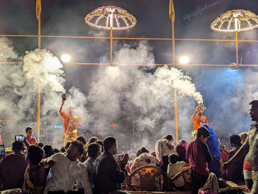 Offerings to holy River Ganga. Sandalwood Incense Ganga Aarti - Varanasi